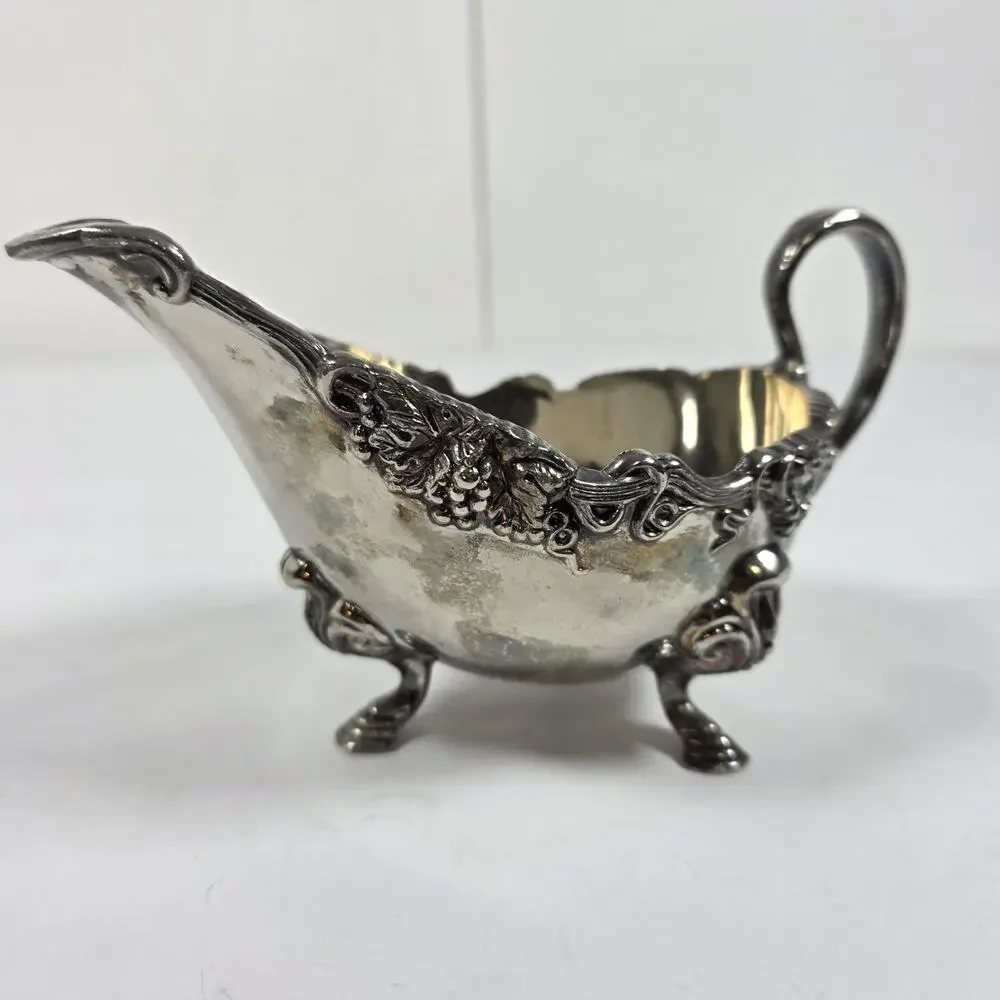 Vintage Godinger Silverplate Gravy Boat Ornate Floral Scroll Footed Serving